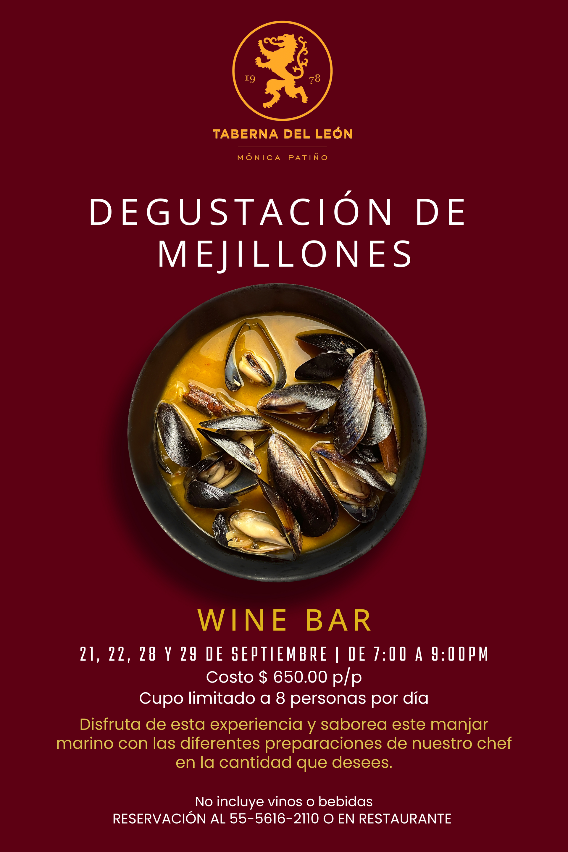 Poster maroon para degustación de mejillones en Wine Bar, con plato de mejillones al centro.