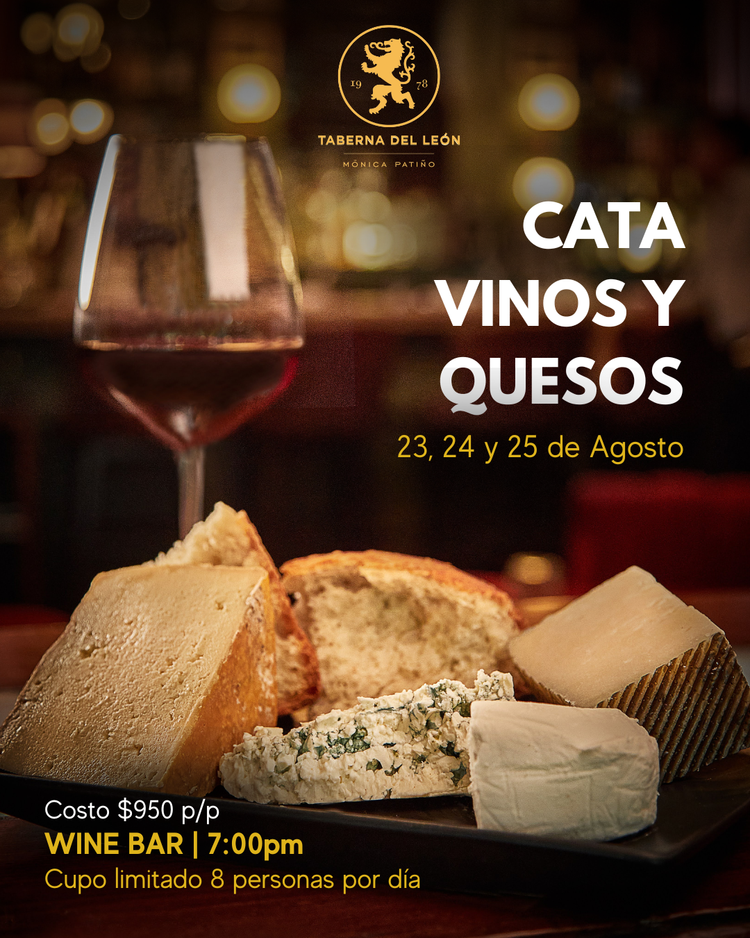 Cartel para evento de degustación de vinos y quesos con imágenes de pan, queso, vino tinto y texto en español.