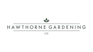 A logo for hawthorne gardening co. with a leaf on it.