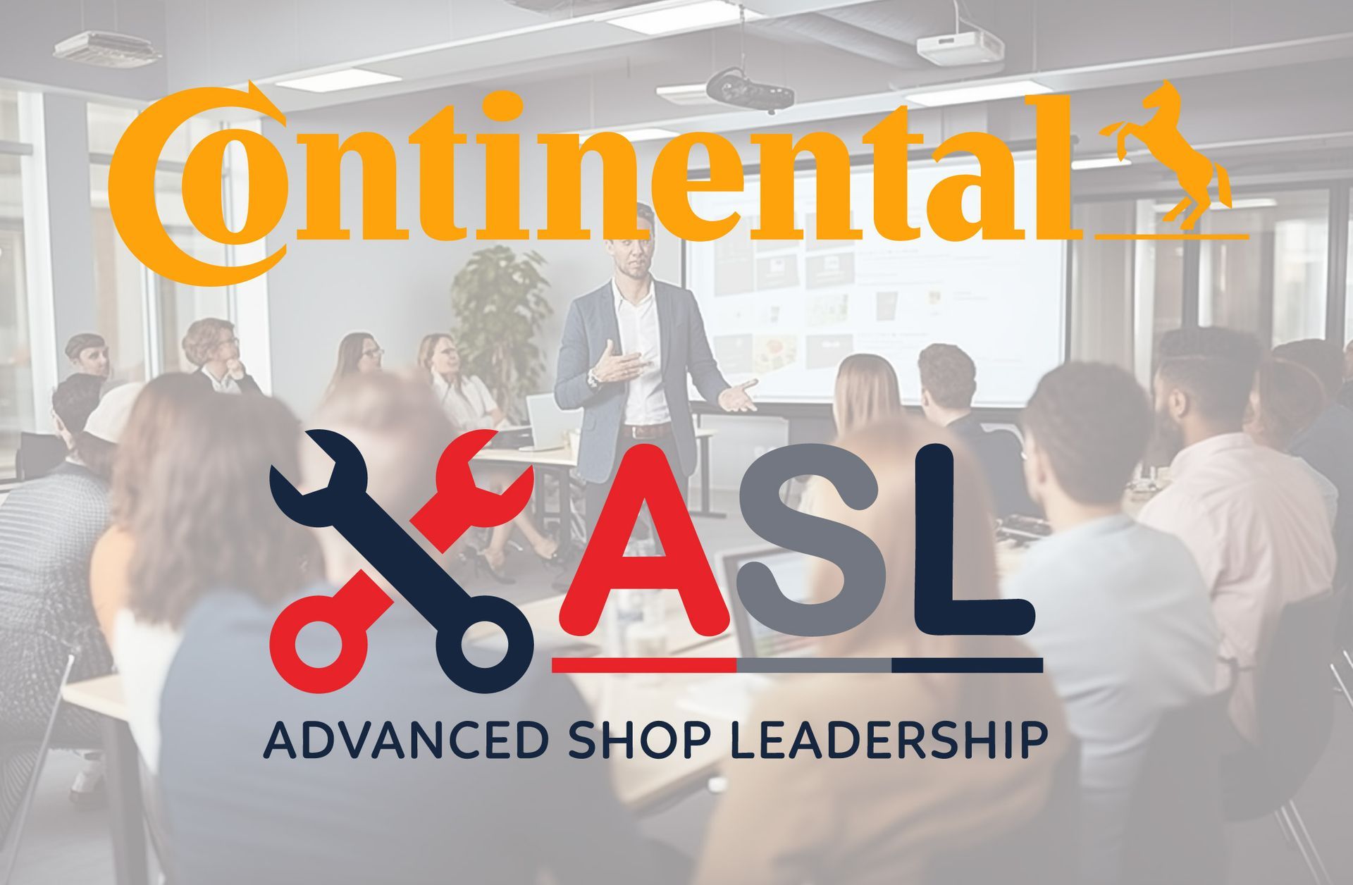 Continental ASL logo over a blurred classroom of seated people and a speaker presenting