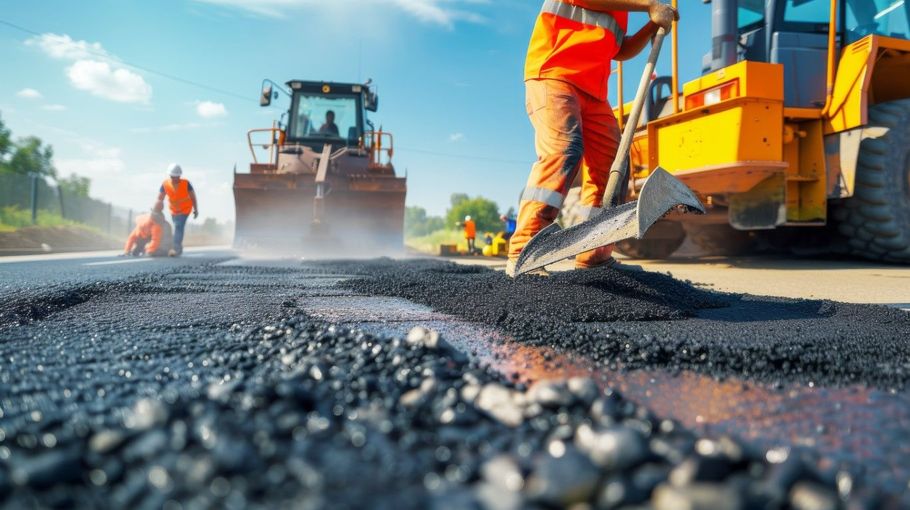 Worker spreading fresh asphalt with a road roller.