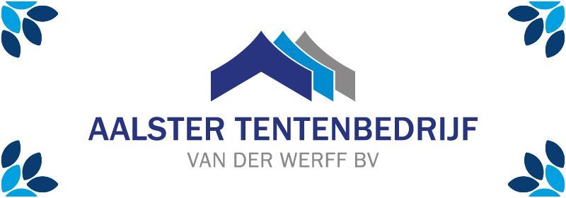 Logo for Aalster Tentenbedrijf: dark blue tent icons over text 