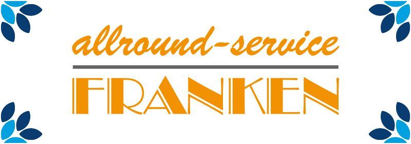 Logo van “allround-service FRANKEN”, met oranje tekst en blauwe bloemenhoekontwerpen.