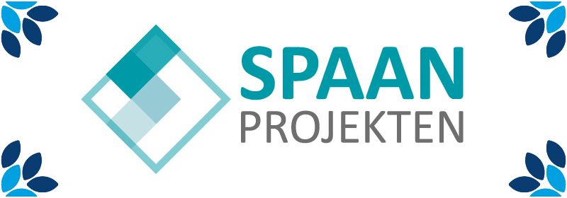 Logo voor SPAAN PROJEKTEN met geometrische vormen en een blauwgroen en blauw kleurenschema.