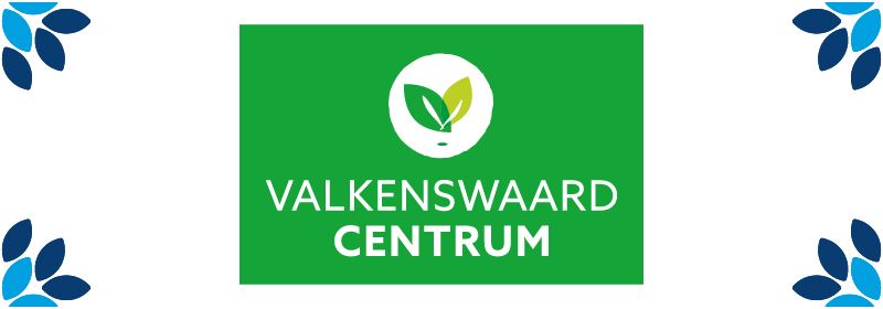 Logo voor Valkenswaard Centrum, met een groen vierkant met tekst en bladiconen, met blauwe en witte accenten.