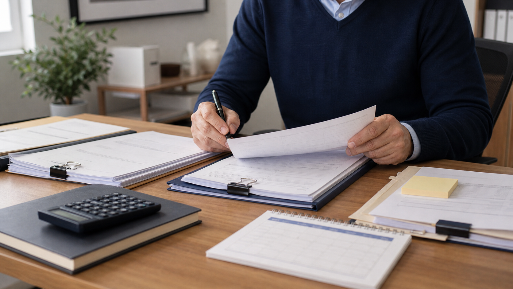 A man sits at a desk, reviewing paperwork and using a calculator for calculations. 