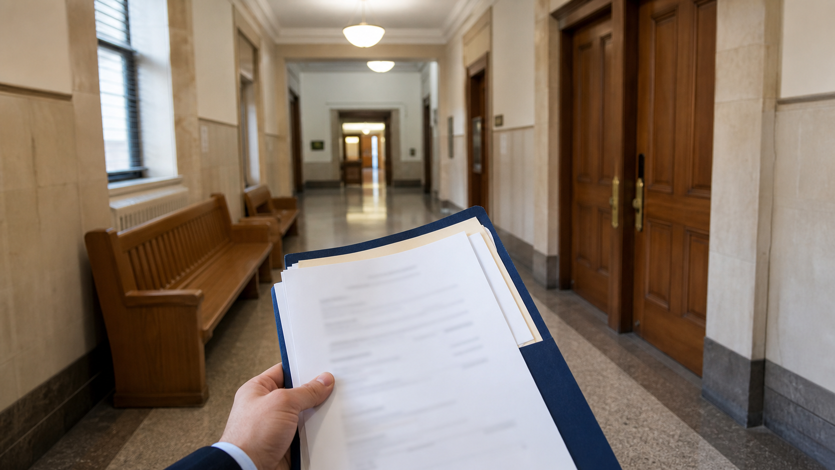 A person stands in a hallway, holding a piece of paper, appearing to read or review its contents. 