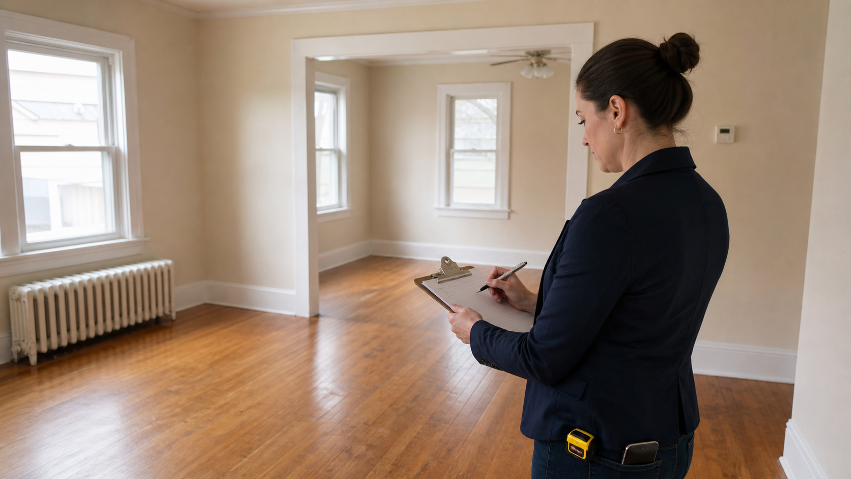 A woman in a business suit writes notes on a clipboard, focused and engaged in her task. 