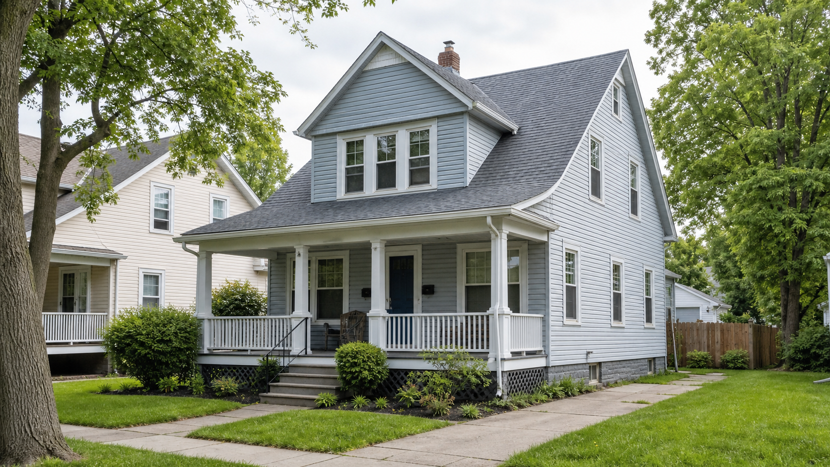 A small house featuring a porch and a well-maintained front yard with grass and shrubs. 