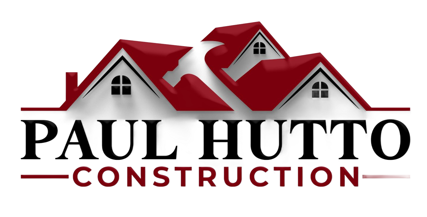 Logo: Paul Hutto Construction, featuring red-roofed house illustration, black text on white background.