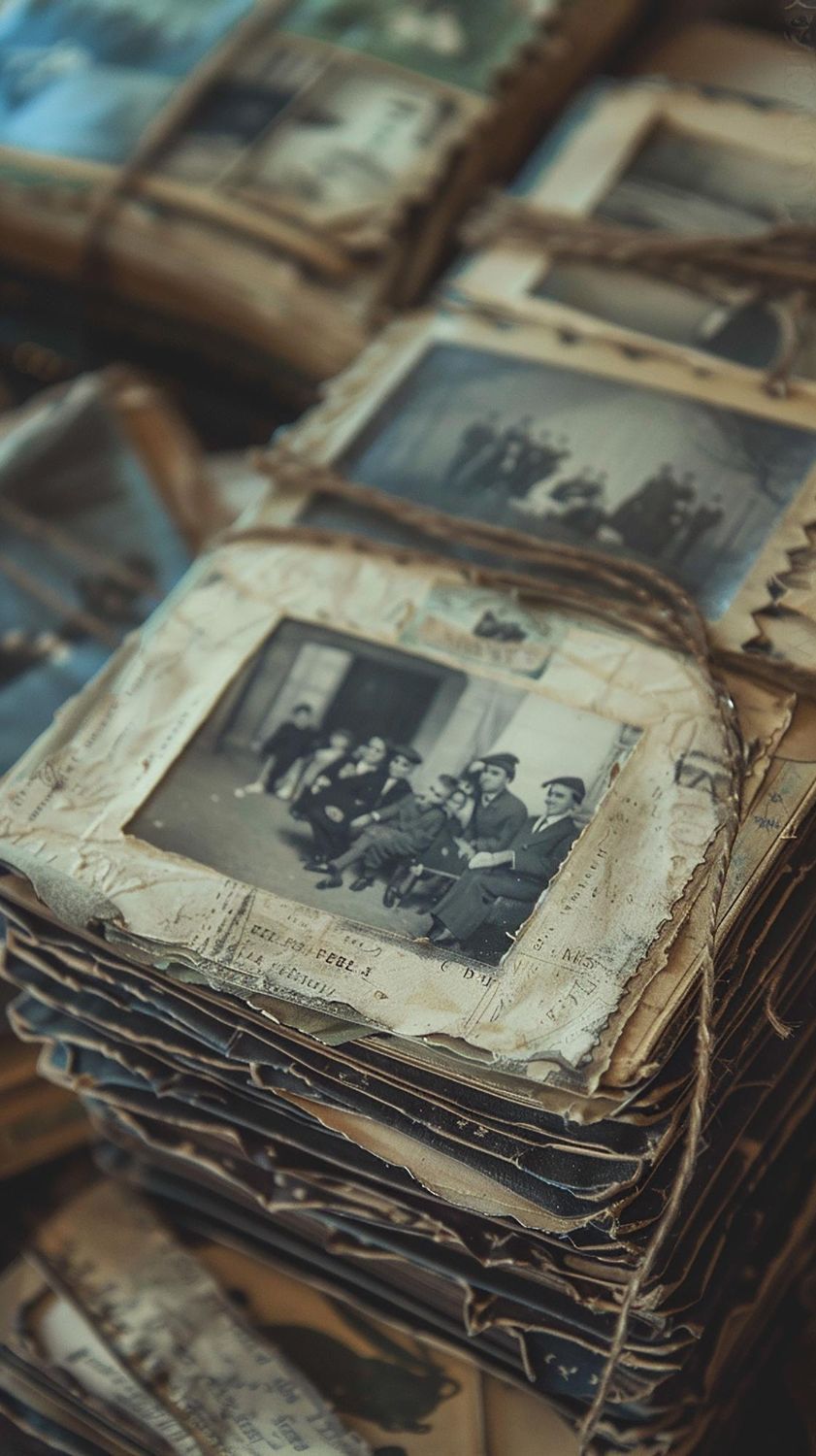 A bunch of old photos are stacked on top of each other.