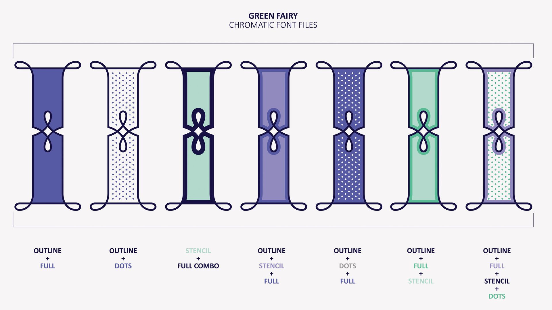 Green Fairy chromatic font family displaying seven weights.