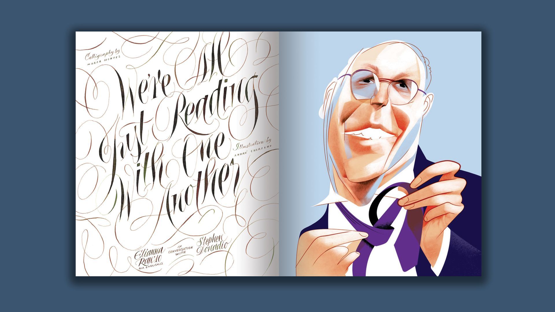 Copperplate calligraphy editorial design with the message 'We're all just reading with one another'.