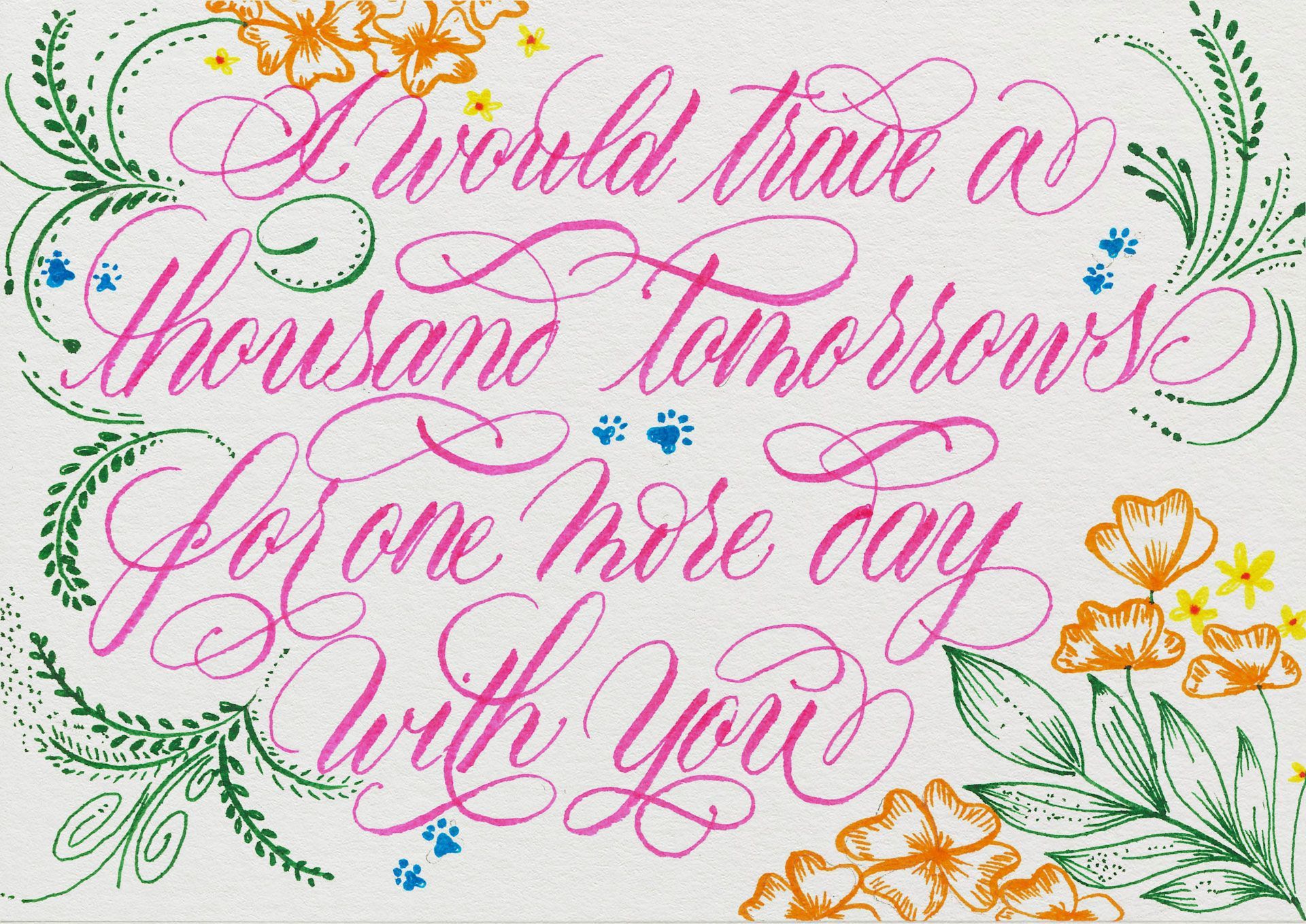 Gold calligraphy quote with floral accents on a white background: “Grow the best to a thousand tomorrows”