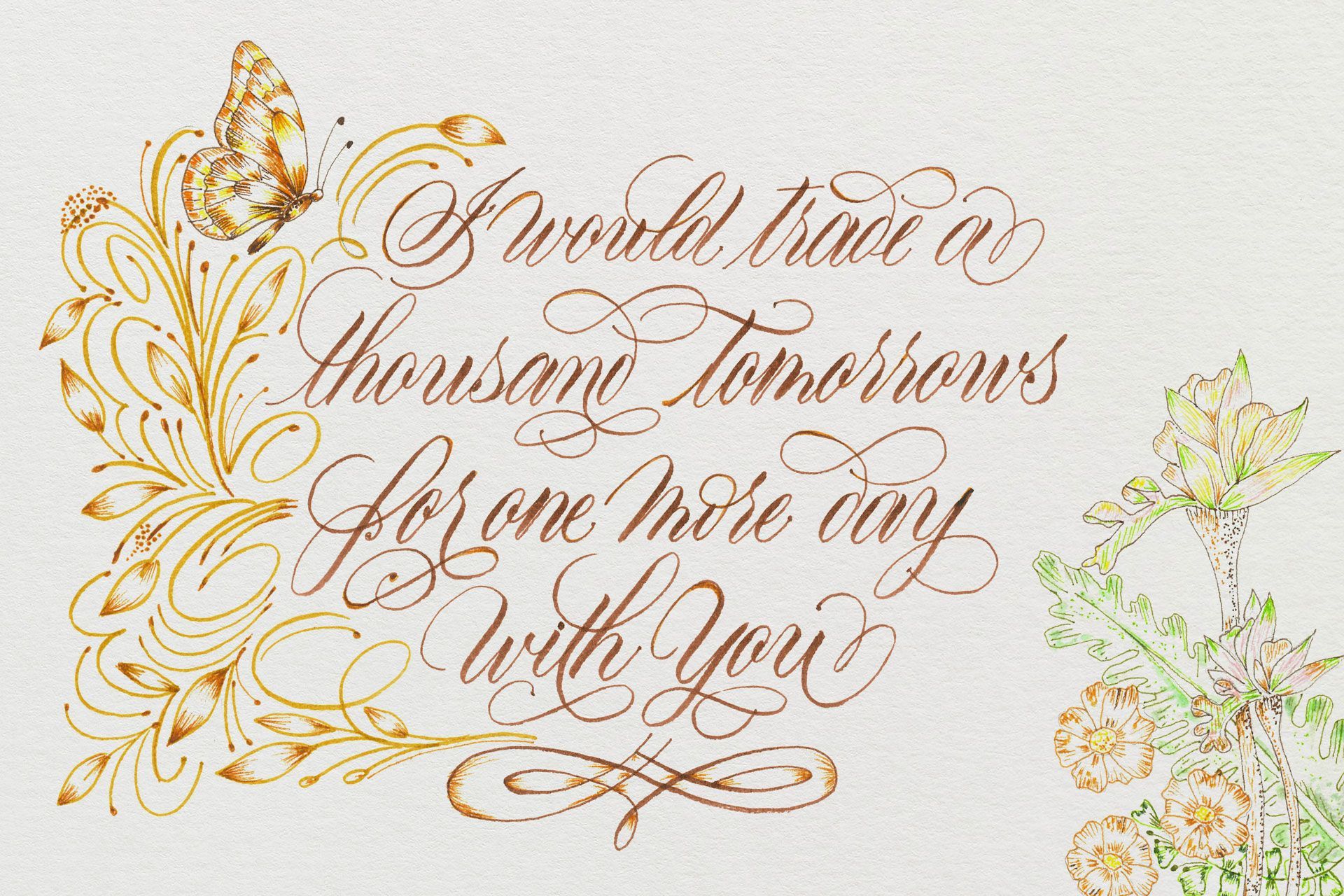 Gold calligraphy quote with floral accents on a white background: “Grow the best to a thousand tomorrows”