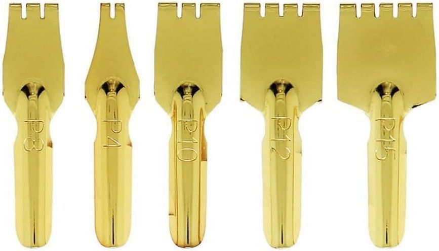Photo of five steel parallel broad-edge nibs.