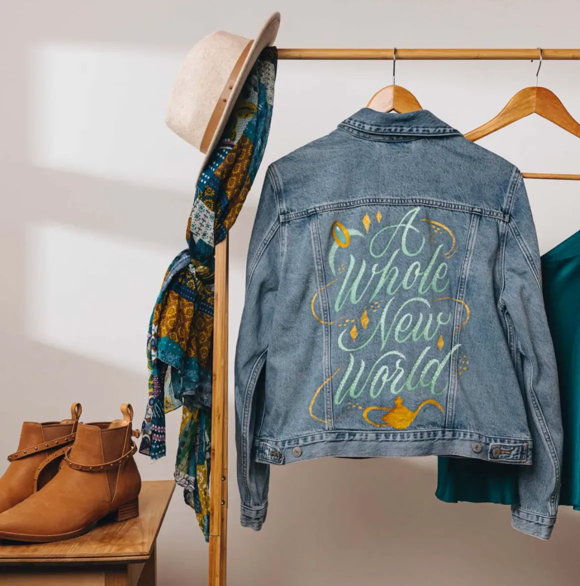 Denim jacket with “A Whole New World” text hangs on a clothing rack beside a hat, scarf, and boots.