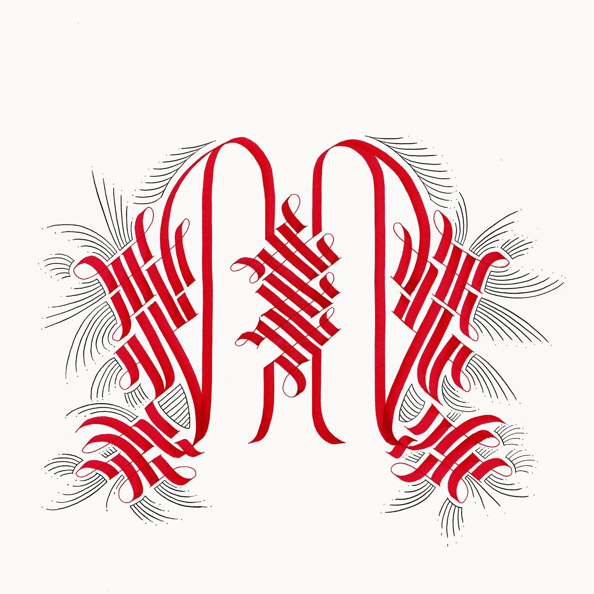 Red ornamental mirrored monogram letters with decorative flourishes on a white background