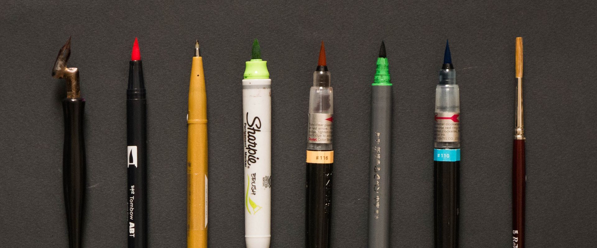Pointed flexible brush pens and nibs including: William Mitchell Elbow nib, Tombow, Pentel Sign Brush, Sharpie brush, Pentel Aqua Brush pen, Daiso Japanese brush and Natural Ox Sable brush. Check them all on my brush supply section.