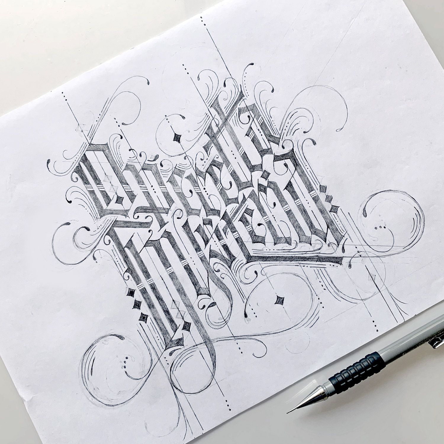 Hand lettering with a lot of swashes and flourishes with the message