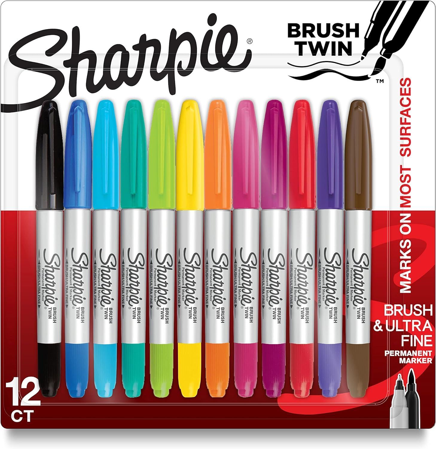 Photo of twelve Sharpie brush and ultra fine pens in different colours.