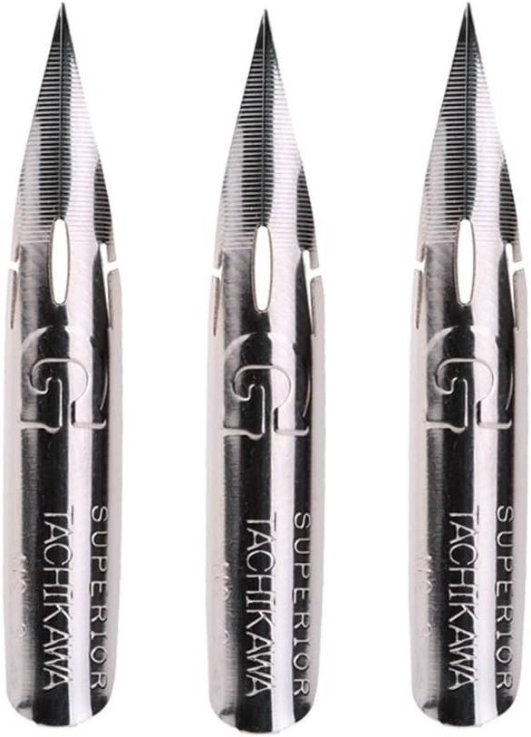 Photo of three Nikko G pointed flexible nibs.