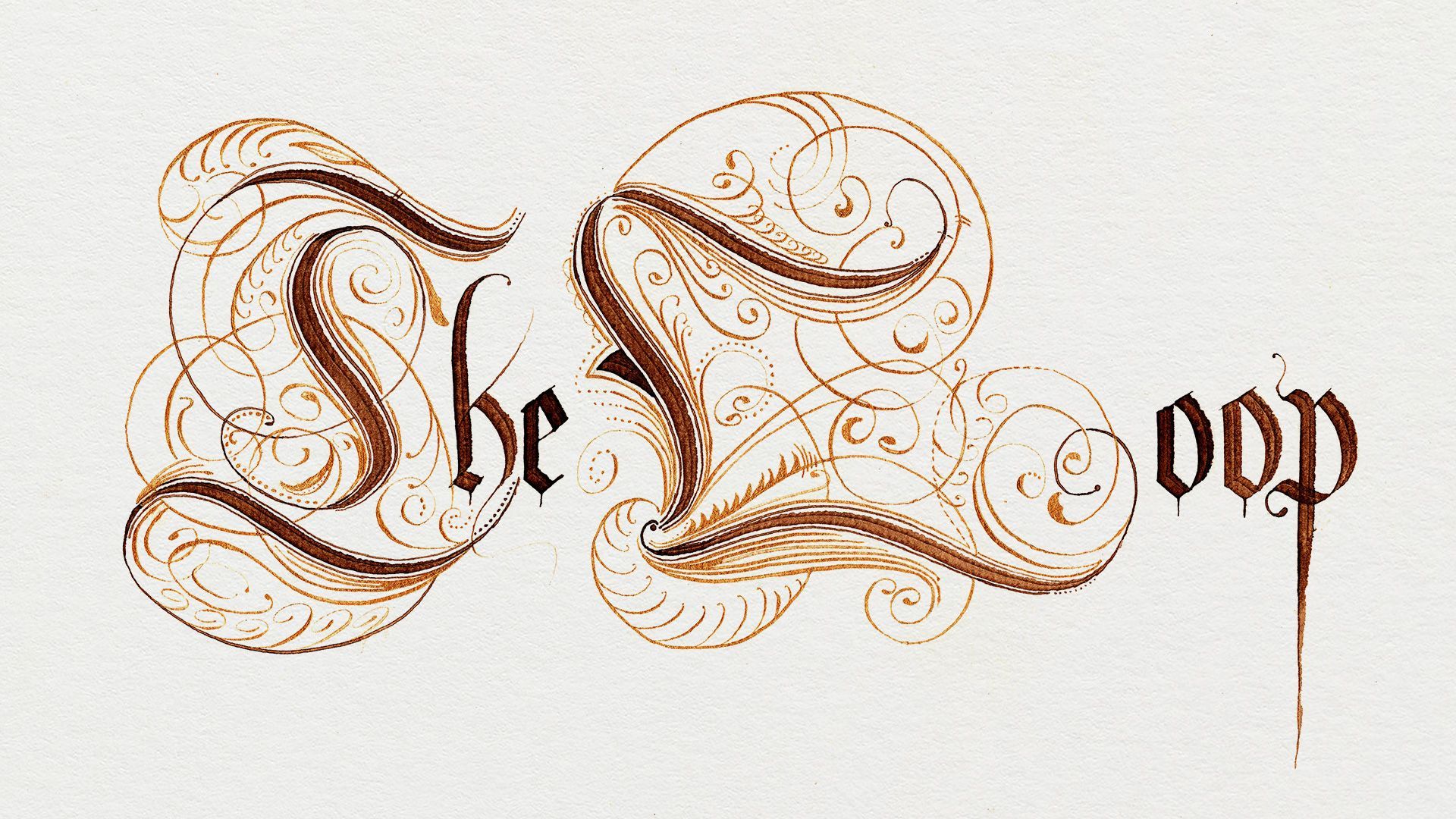 Decorative sepia calligraphy reading “The Hoop” on a white background