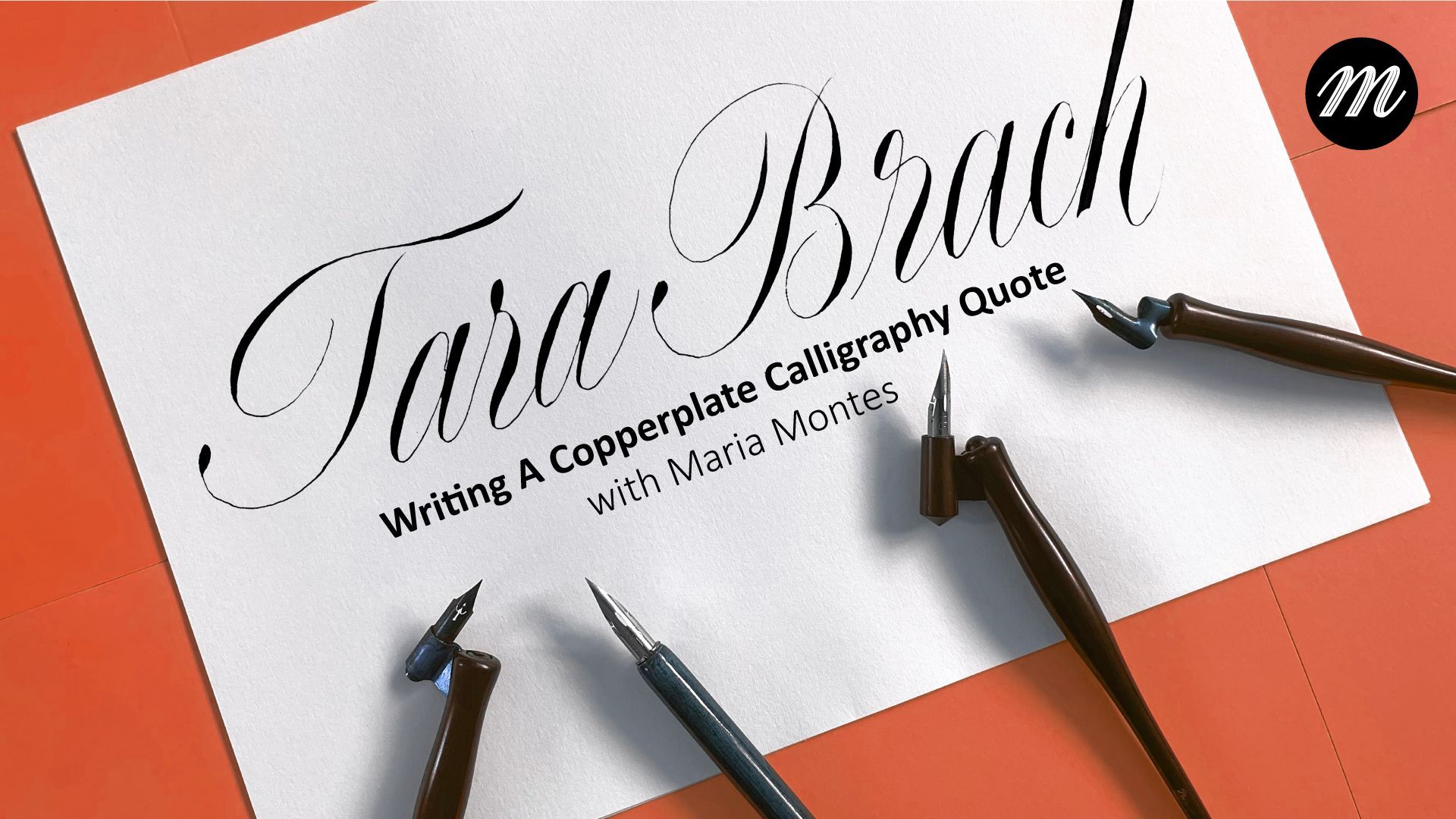White card over a salmon colour background displaying the message ‘Tara Brach’ written out in Copperplate Calligraphy.