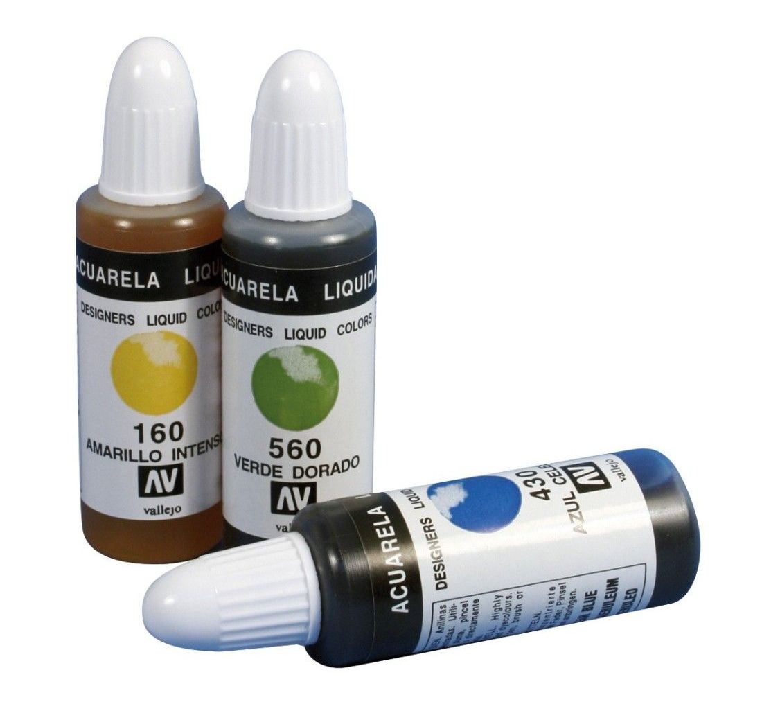 Photo of three Vallejo li quid watercolours tube.