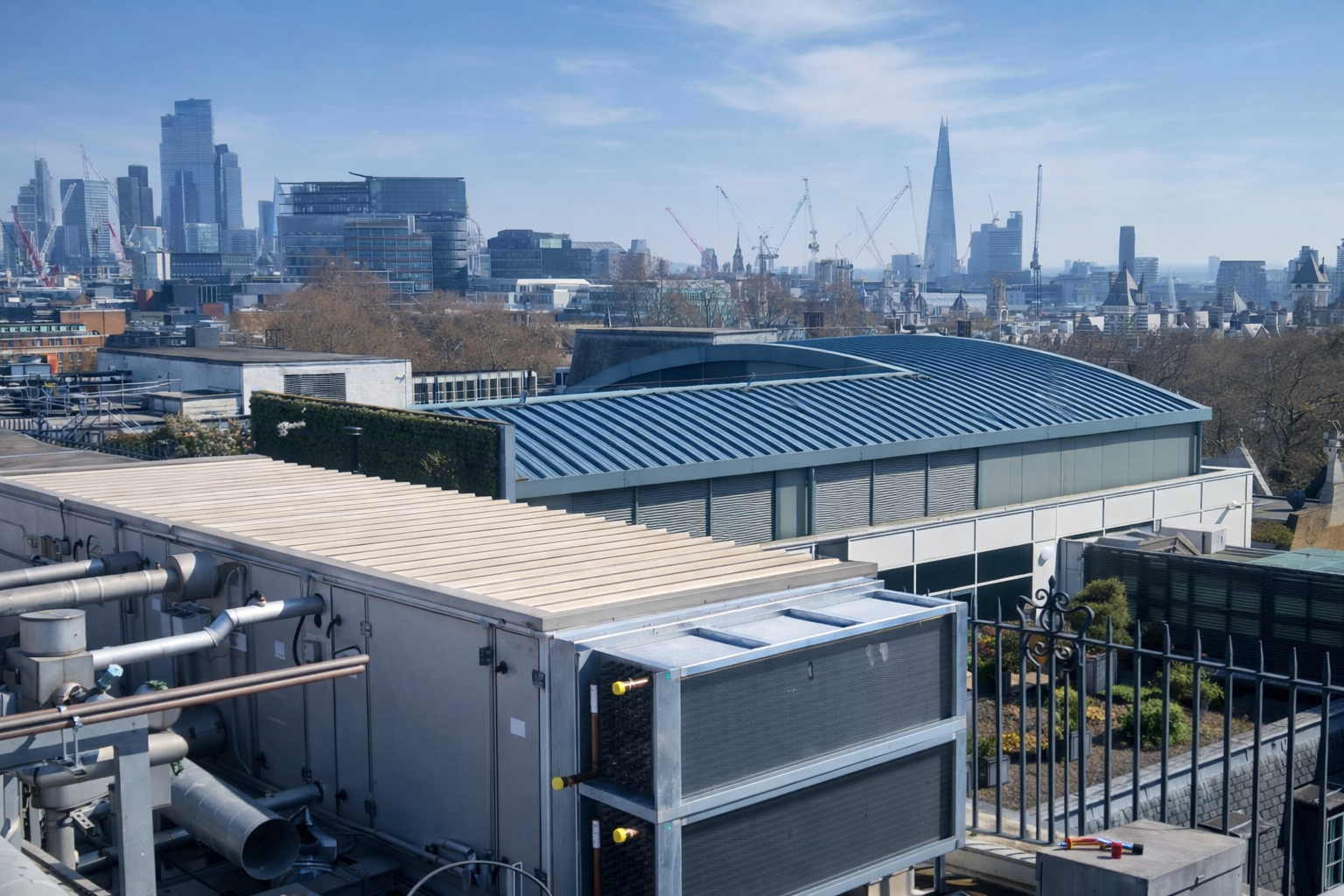 Rooftop view of London buildings on a clear day; includes The Shard skyscraper and industrial air conditioning units.