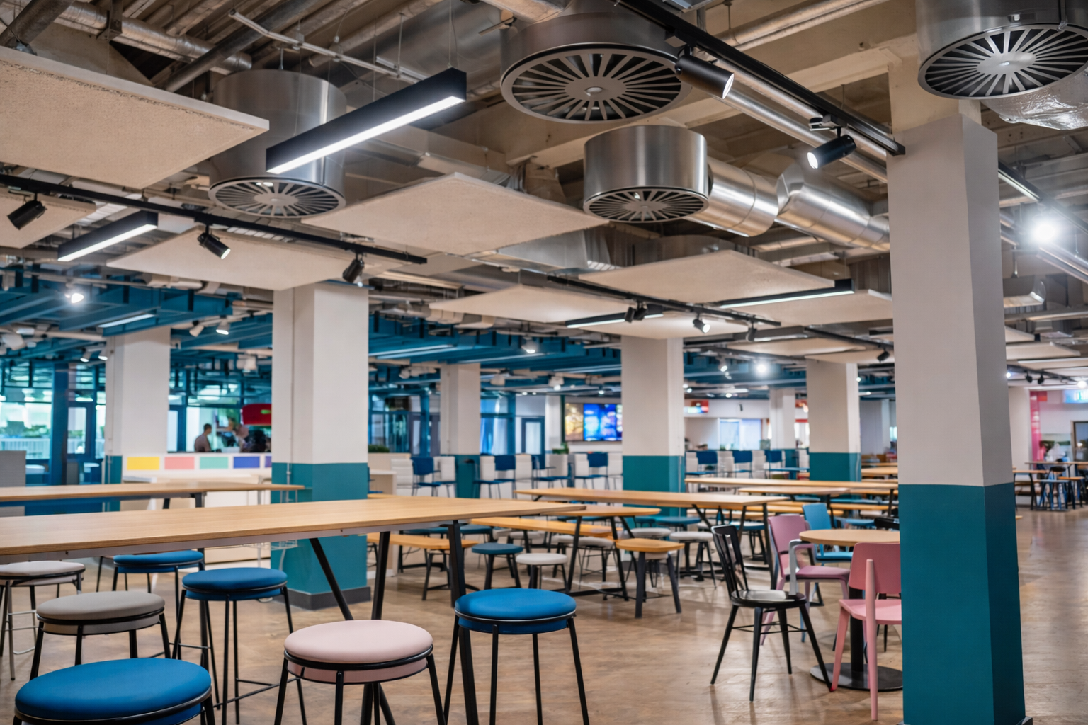 Large open cafeteria with tables, stools, and colorful accents. Ceiling fans and lighting visible.