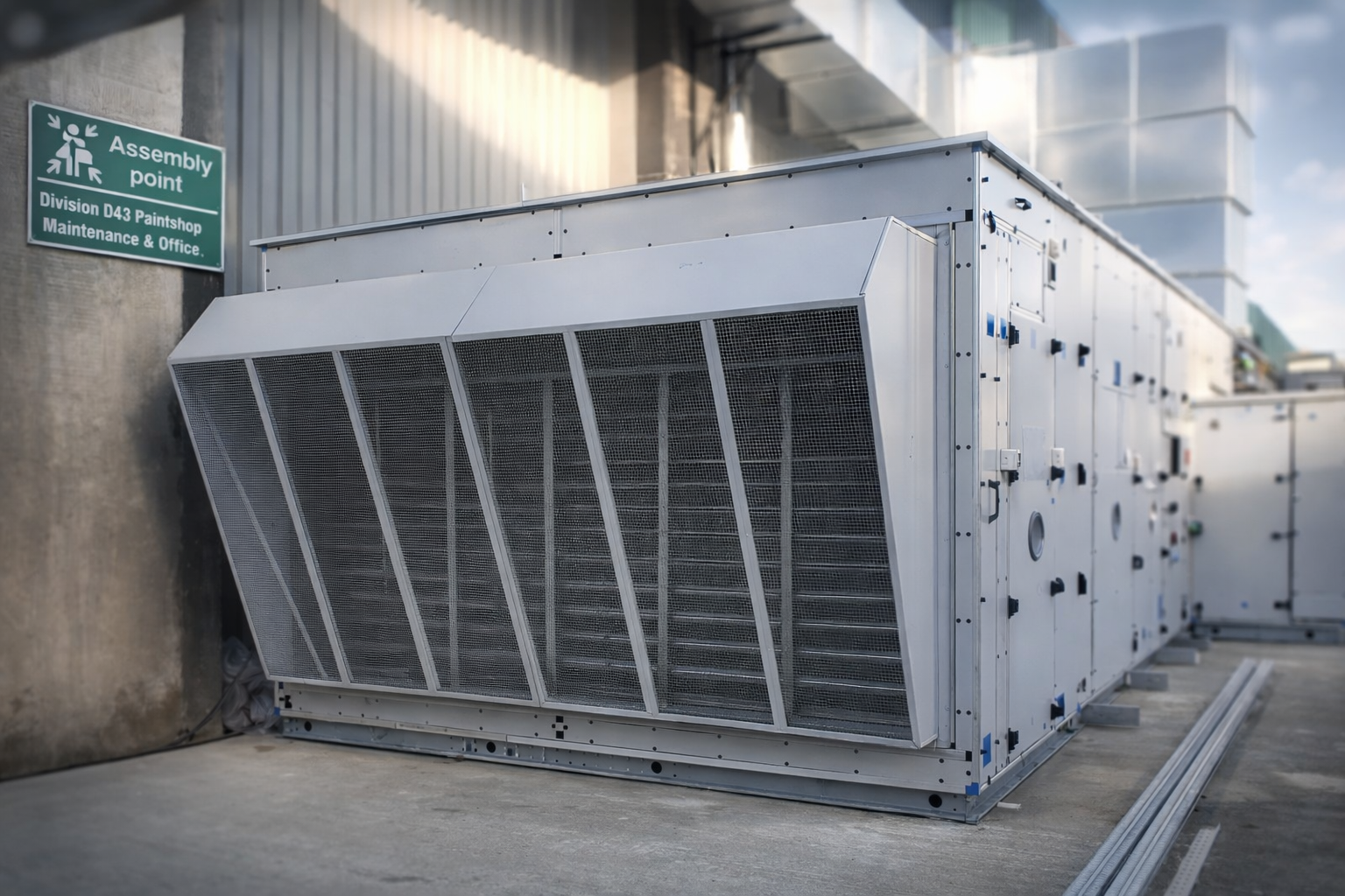Gray industrial air conditioning unit, rooftop setting, with grilles and ductwork.