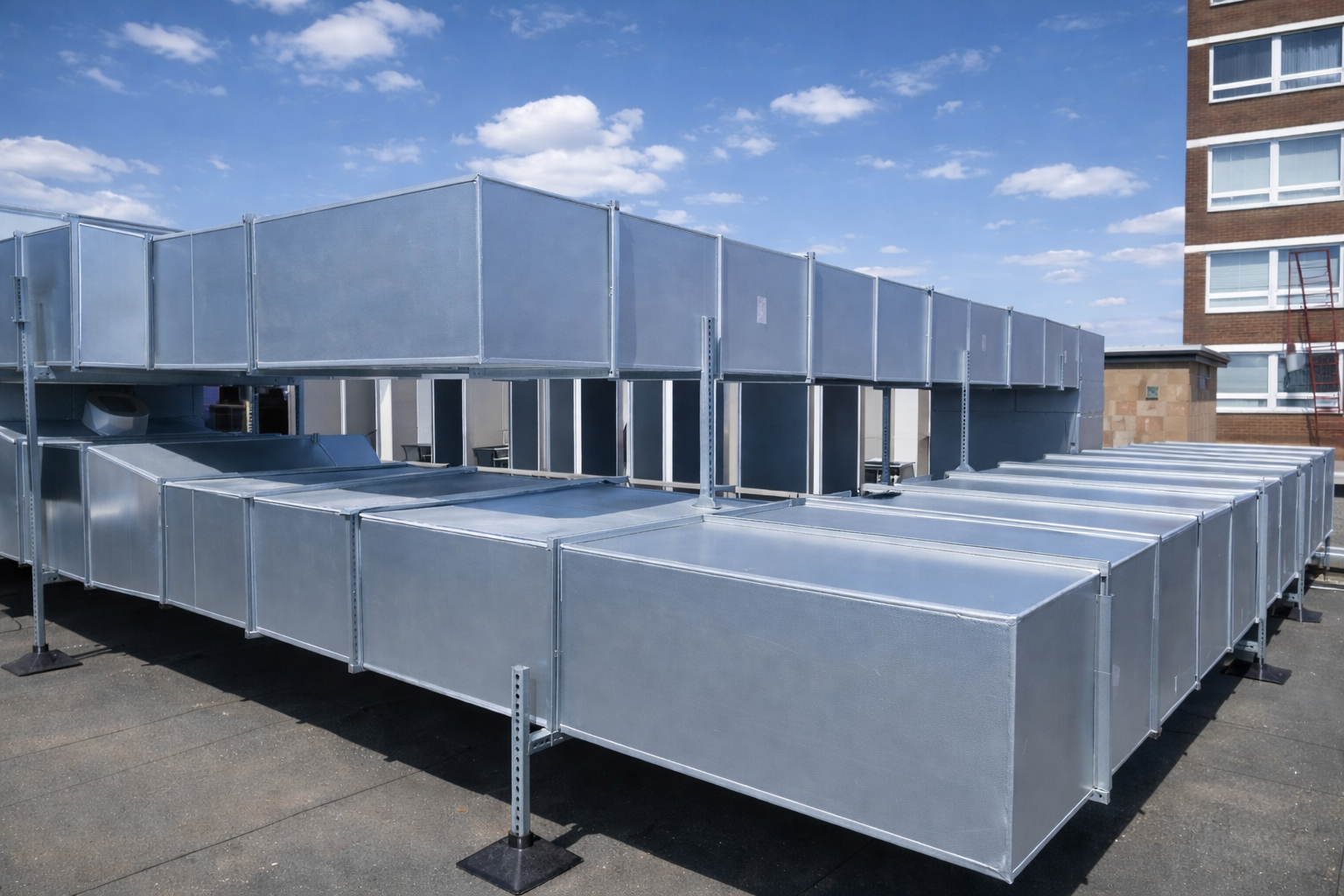 Large, rectangular metal ventilation system on a rooftop against a blue sky.