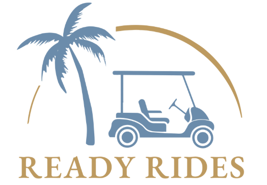 A logo for ready rides with a golf cart and palm tree