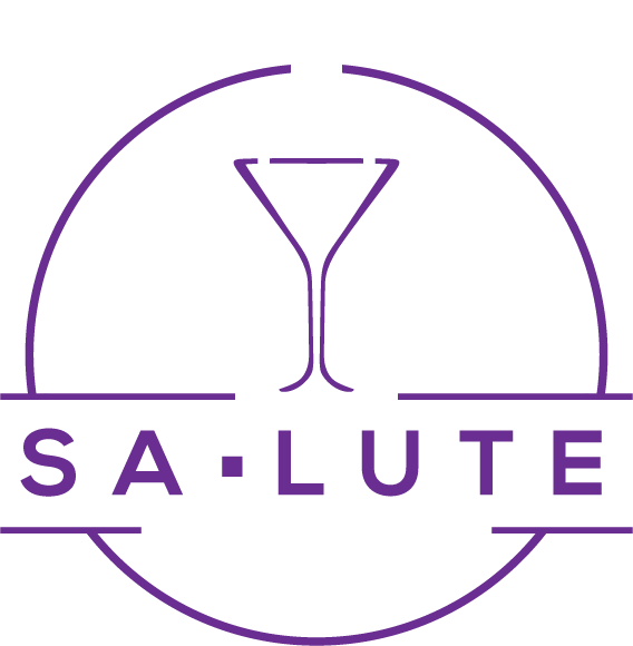 The logo for salute is a purple circle with a martini glass in the middle.