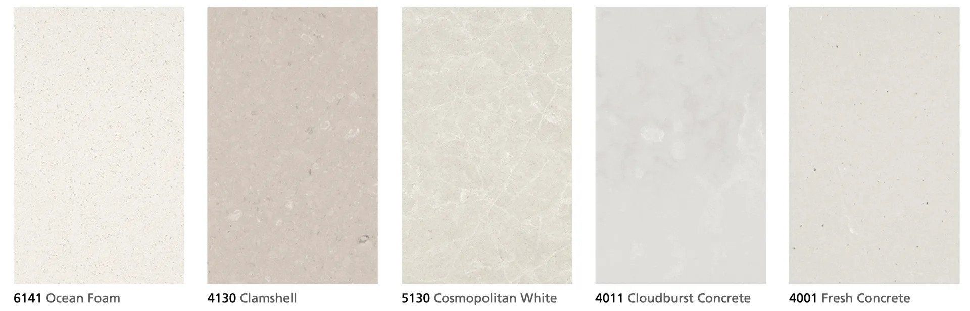 Ocean Foam, Clamshell, Cosmopolitan White, Cloudburst Concrete, and Fresh Concrete