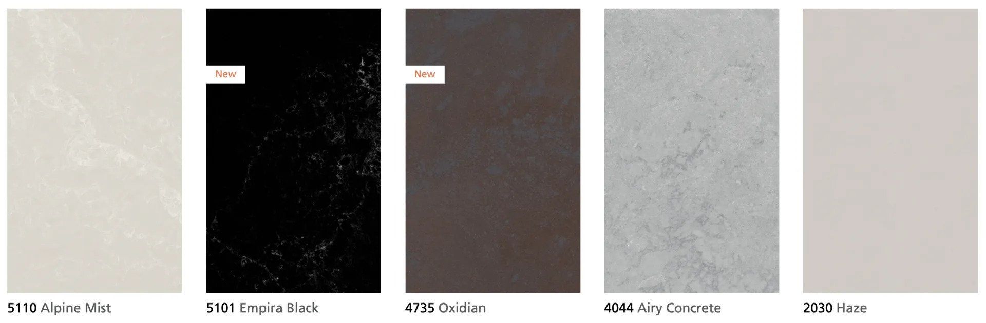 Alpine Mist, Empira Black, Oxidian, Airy Concrete, and Haze.