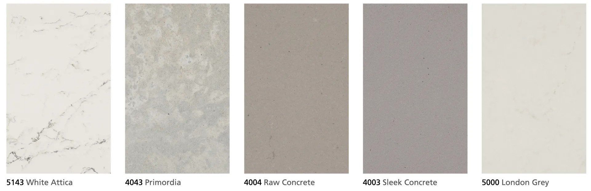 White Attica, Primordia, Raw Concrete, Sleek Concrete, and London Grey.