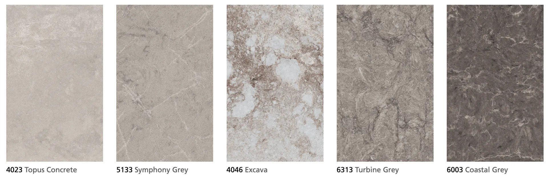 A row of tiles with different shades of grey labeled Topus Concrete, Symphony Grey, Excava, Turbine Grey, and Coastal Grey.