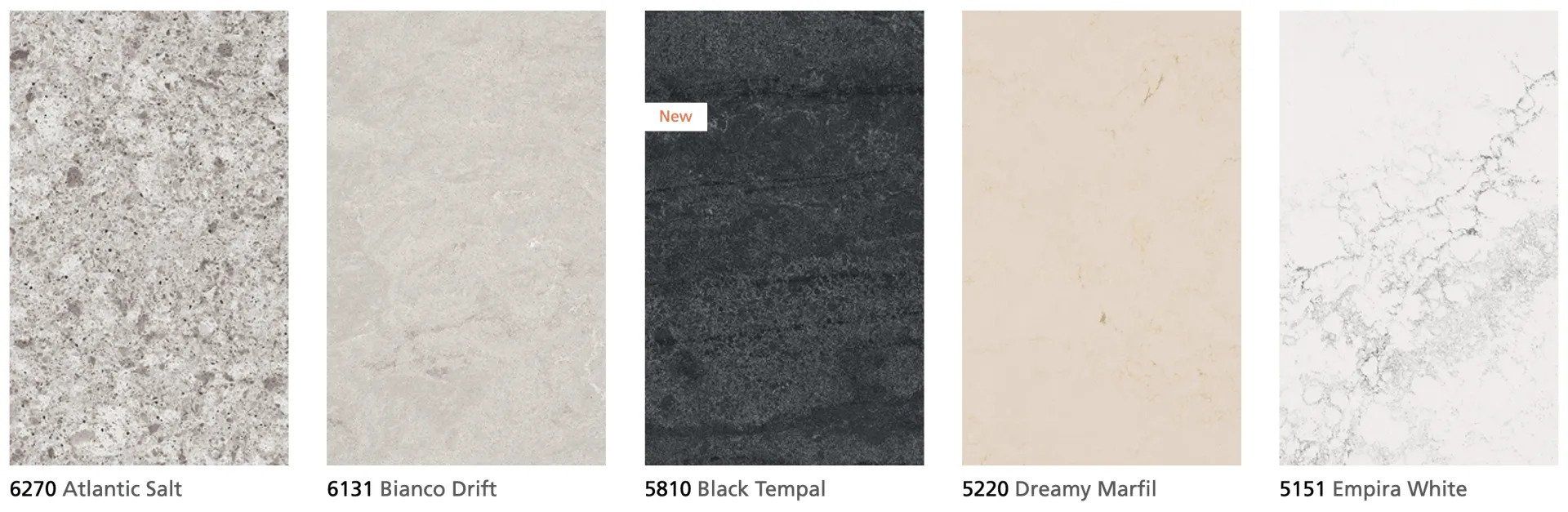 Atlantic Salt, Bianco Drift, Black Tempal, Dreamy Marfil, and Empira White.