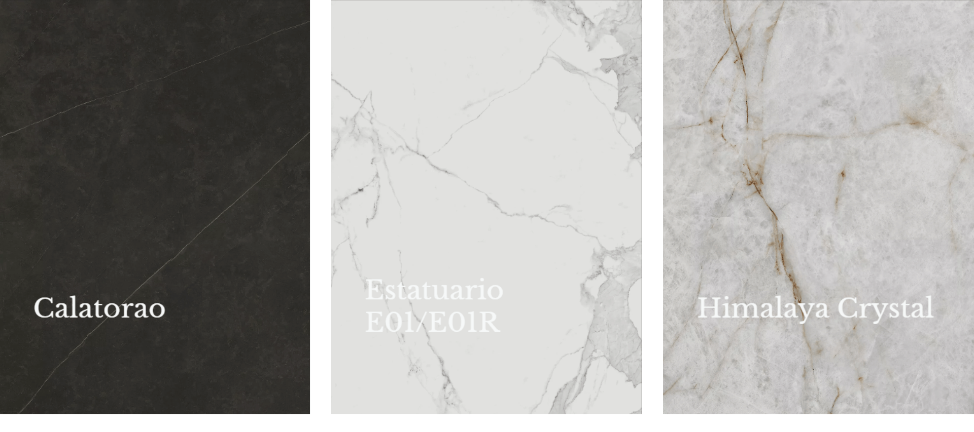 Three different types of marble are shown in a row labeled Calatorao, Estatuario, and Himalaya Crystal.