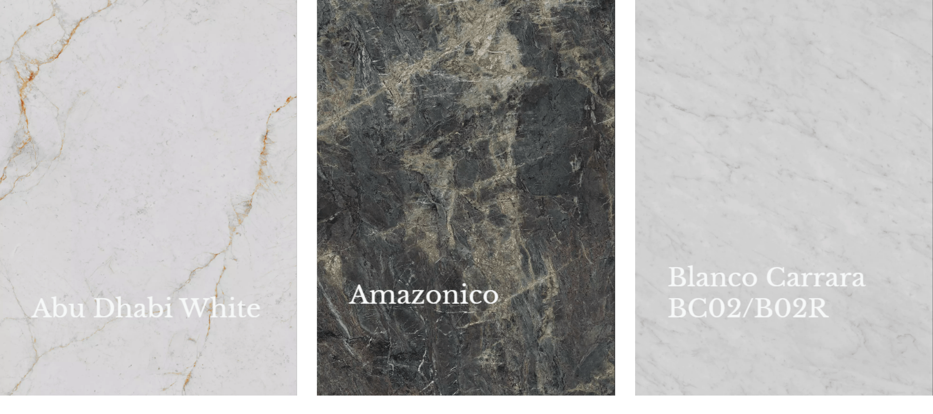 Three different types of marble are shown in a row labeled Abu Dhabi White, Amazonico, and Blanco Carrara BC02/B02R.