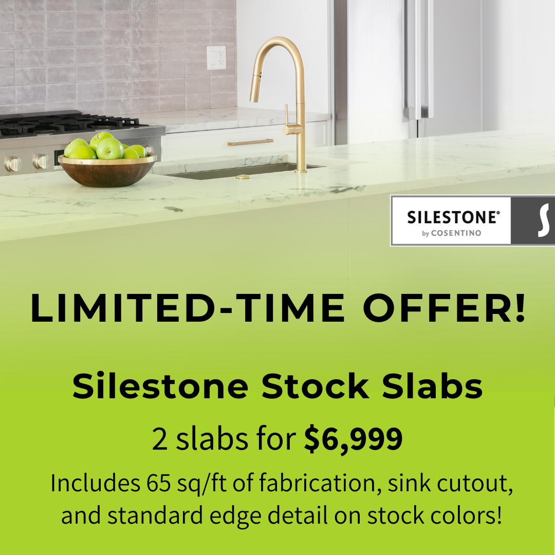 Advertisement for Silestone stock slabs: 2 slabs for $6,999, includes fabrication, sink cutout, and edge detail.