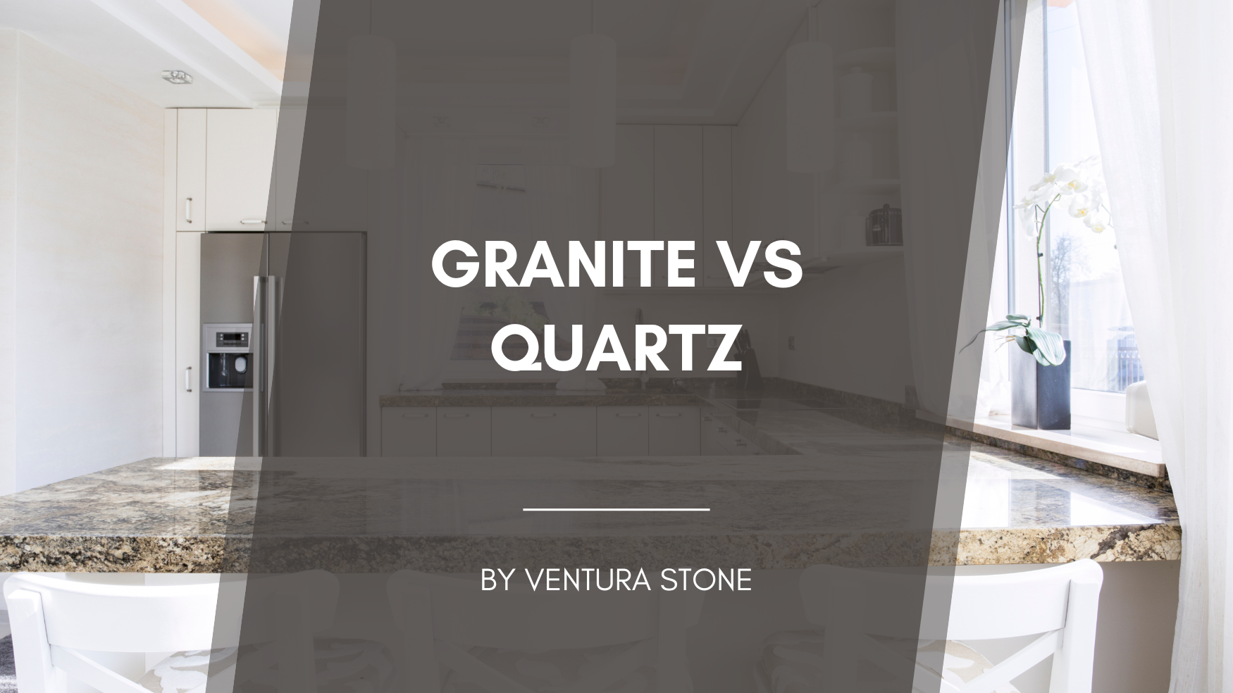 Comparison of granite and quartz countertops in a kitchen setting.