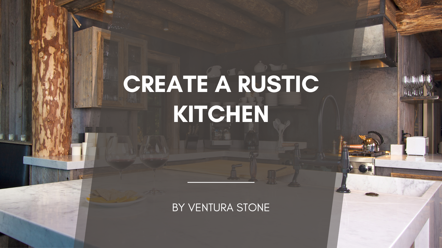 Rustic kitchen with stone countertop, wood cabinets, and text overlay: