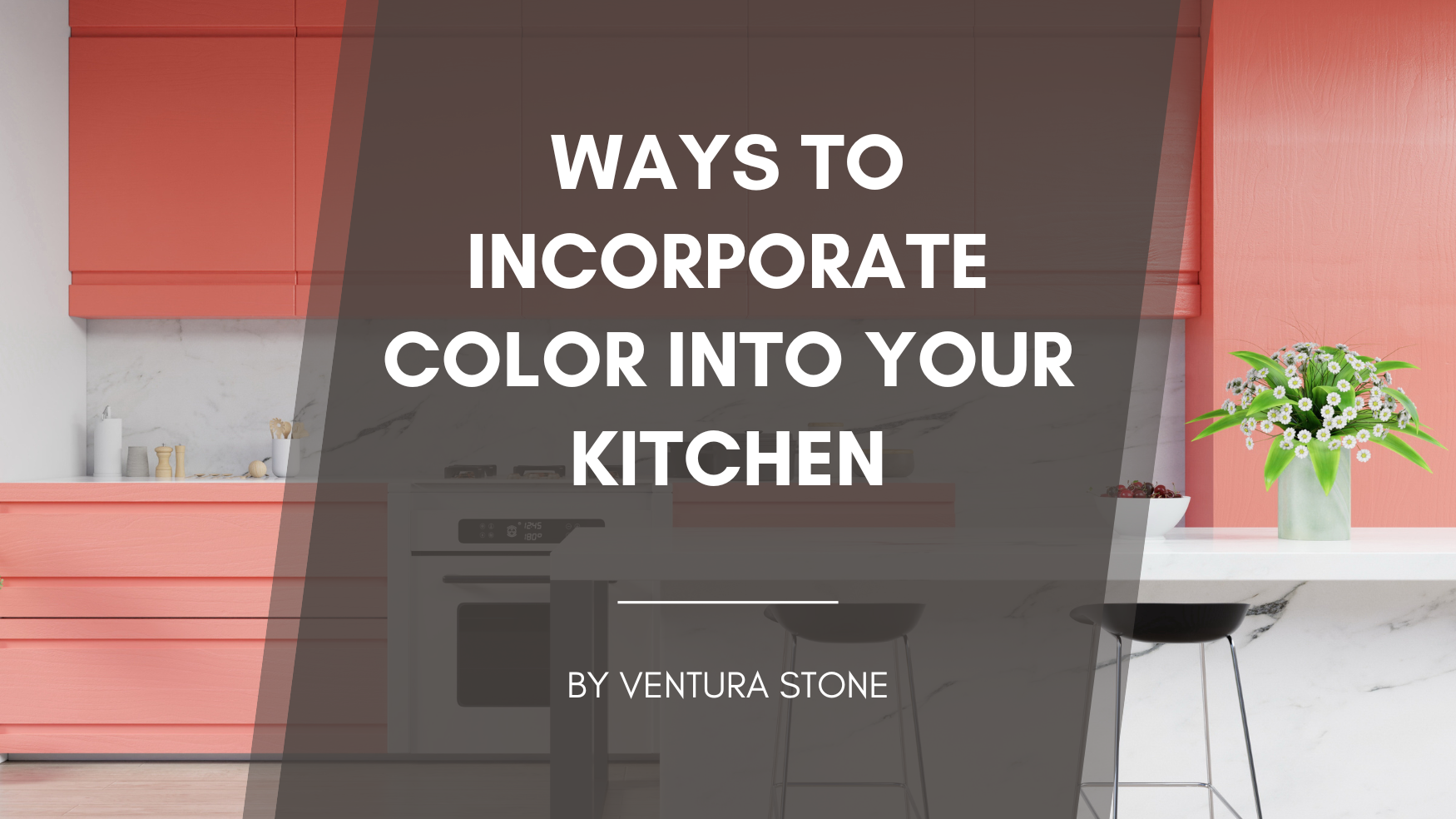 Kitchen with coral cabinets, white countertops, and a dark gray text overlay: