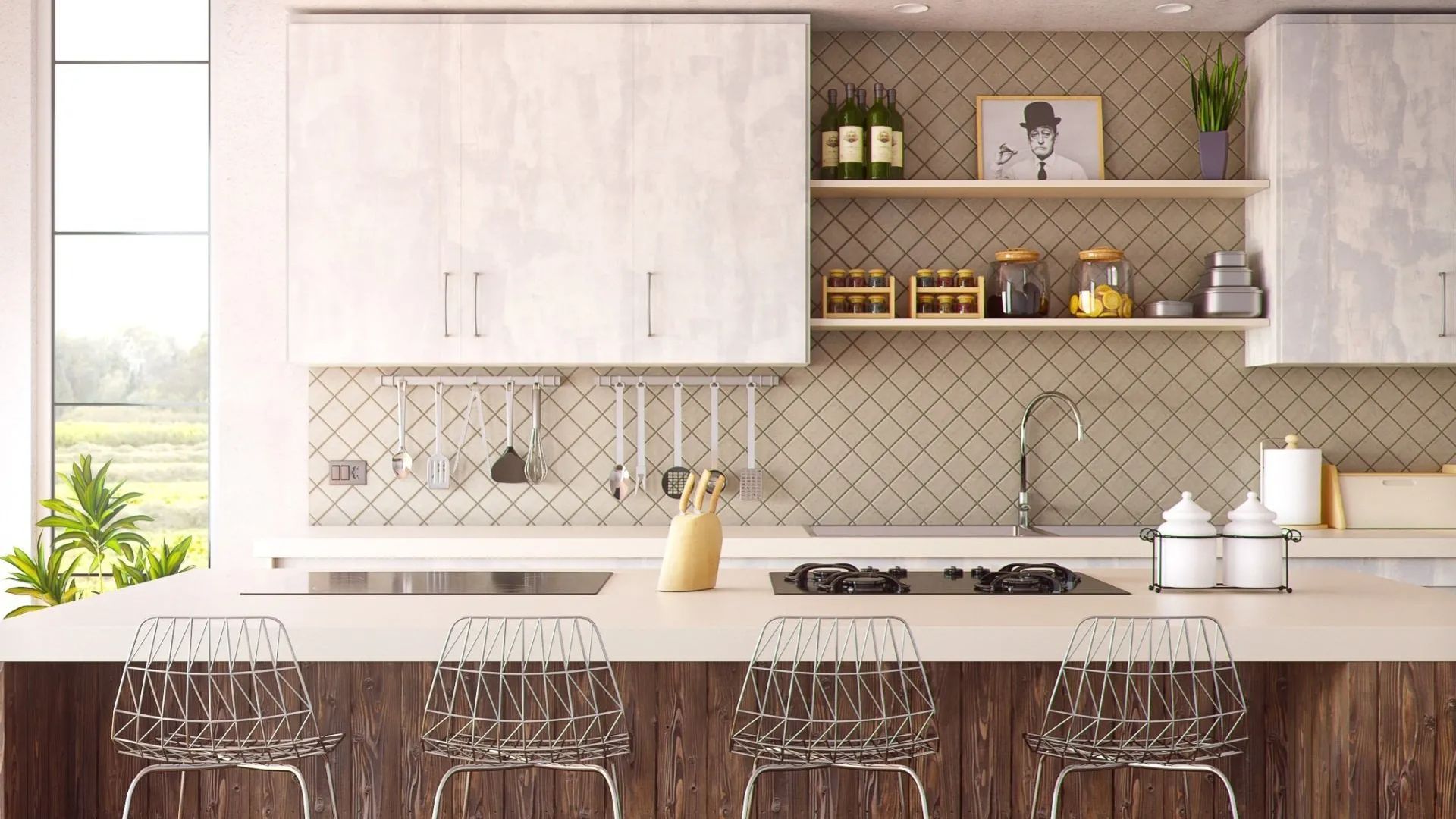 Modern kitchen with white cabinetry, wooden accents, and a breakfast bar with clear chairs.