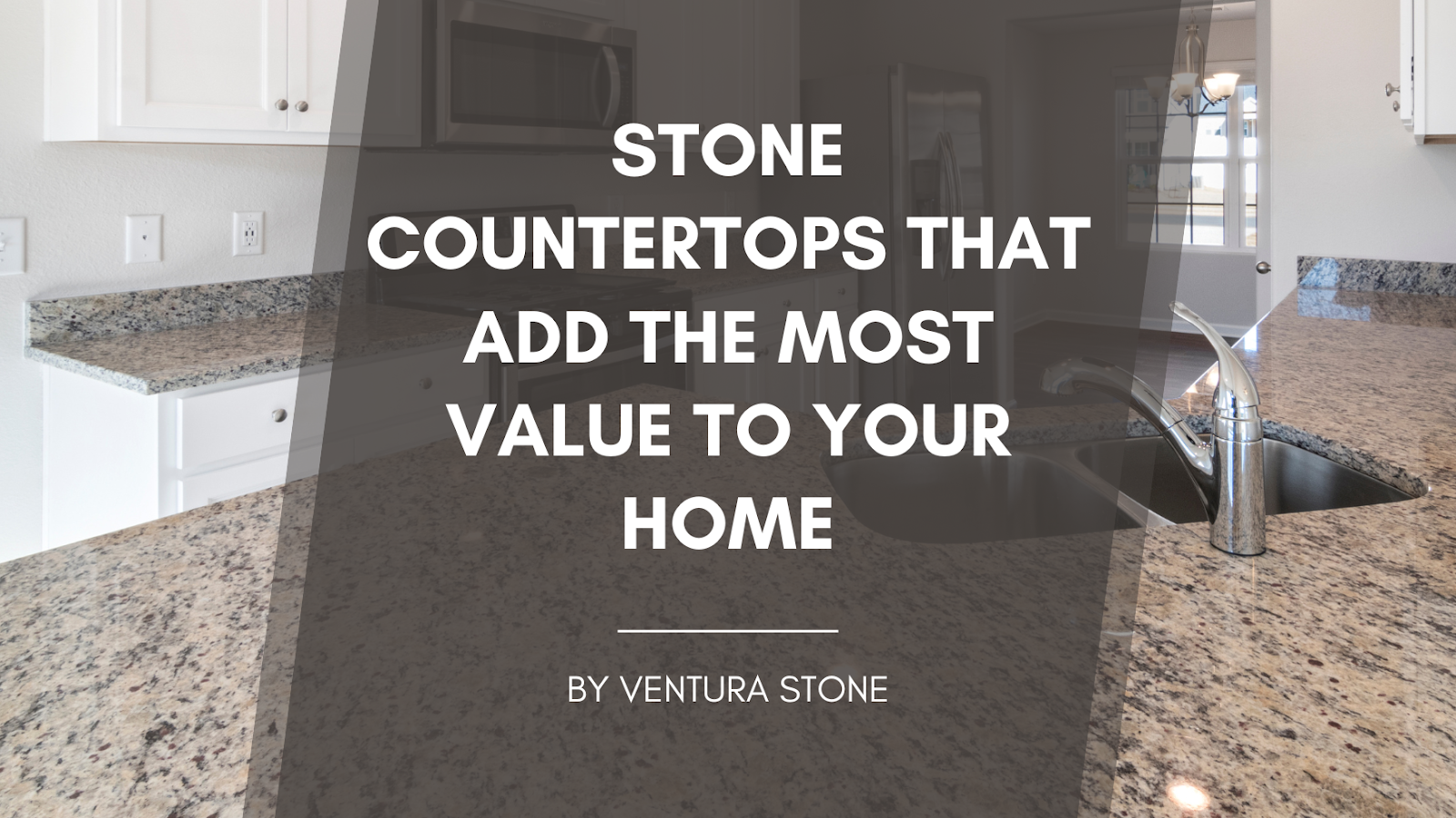 Kitchen with stone countertops; text overlay: 
