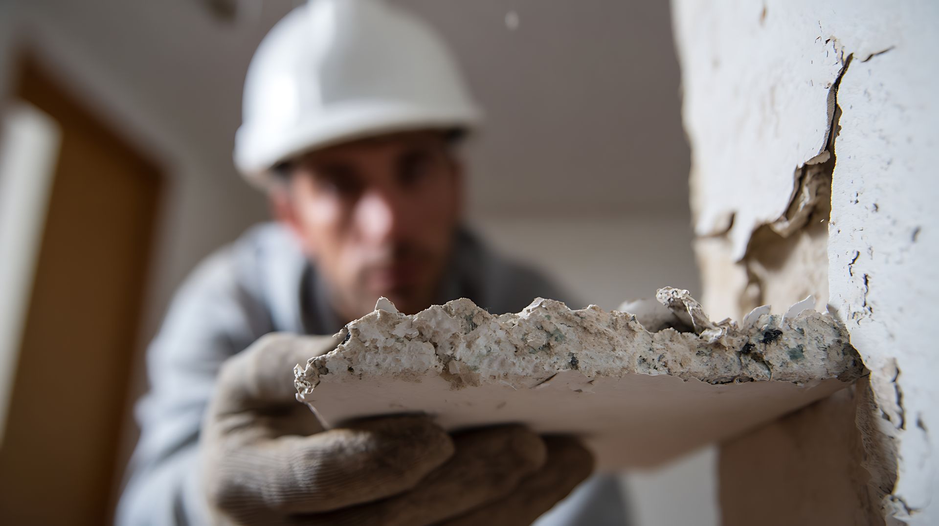 Worker applying residential plaster patch repair to a damaged wall with a trowel