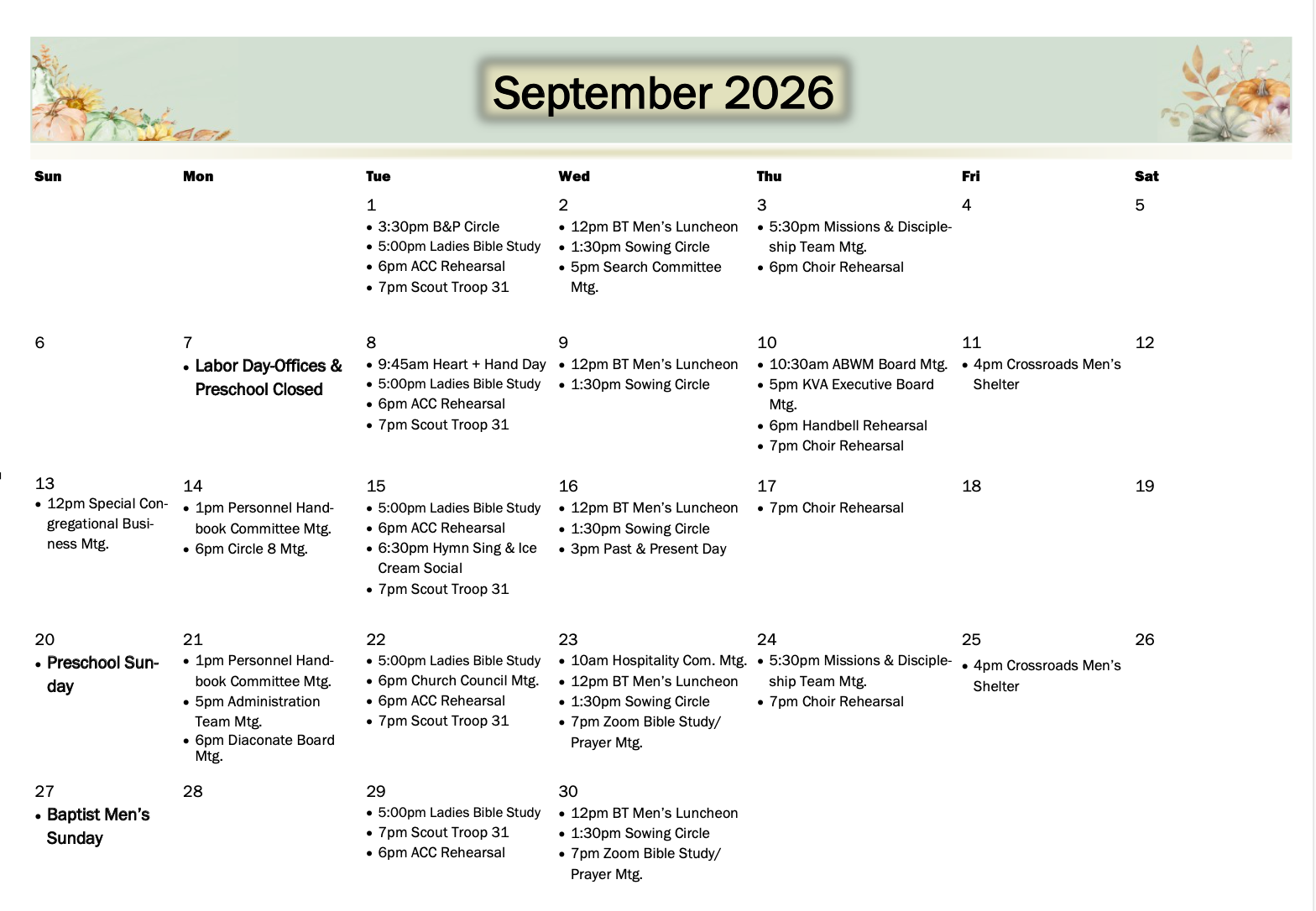 September 2026 calendar page with a floral border and multiple event notes.